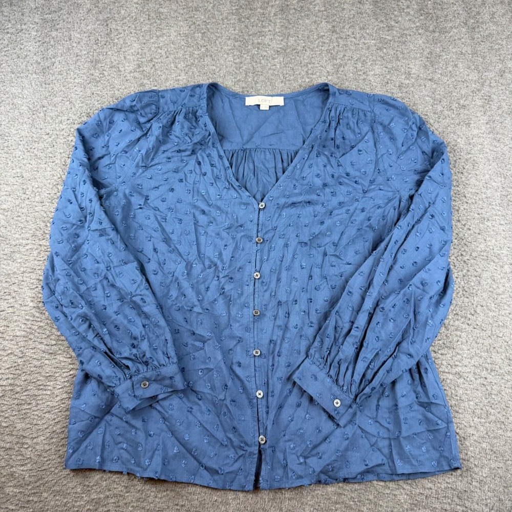 LOFT Blouse Women's Medium Blue Clip Dot Long Sleeve Button Front V-Neck Rayon